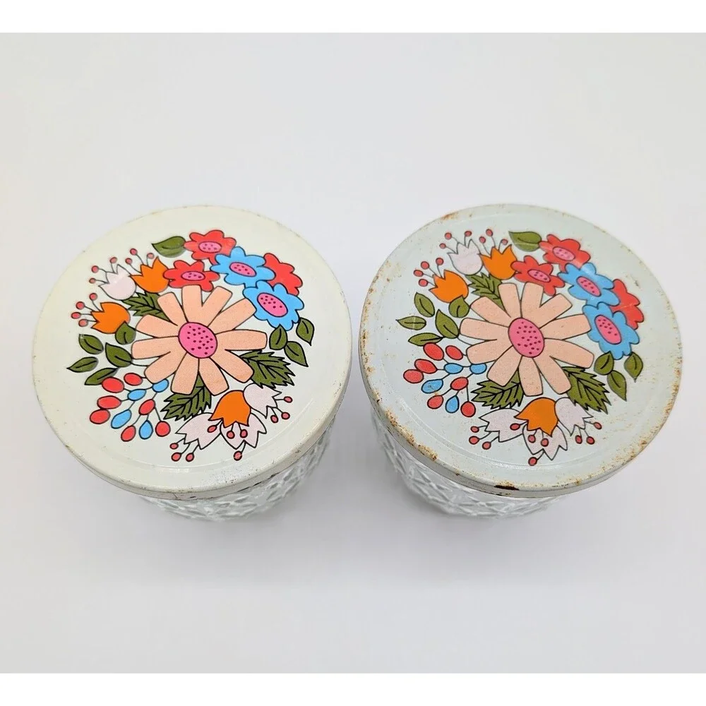 2 BALL Quilted Crystal Glass Jars W/Tin Snap-On Lid Off-white Flower MOD Retro